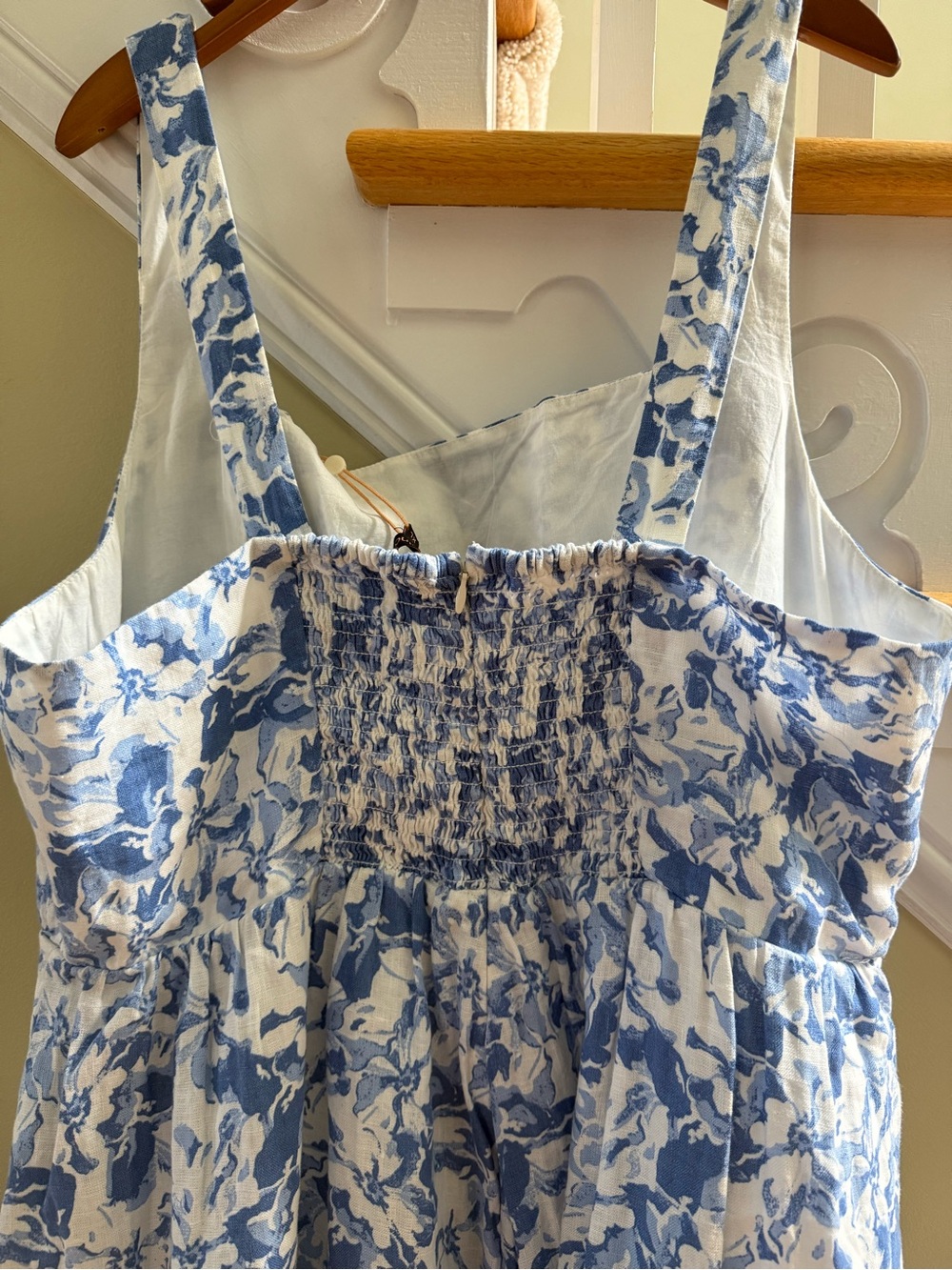 Quince Blue and White Floral Square-Neck Midi Dress 100% Linen - Picture 6 of 13